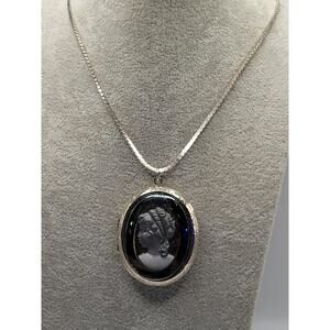 Vintage Hematite Cameo Locket Necklace Large Oval Portrait Silver Tone 24 In